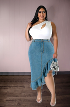 Load image into Gallery viewer, Asymmetrical Denim Midi Skirt