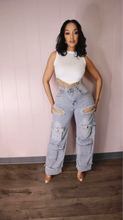 Load image into Gallery viewer, Rhinestone Cutout Cargo Jeans