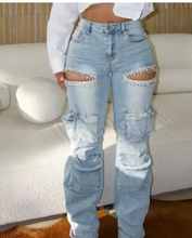 Load image into Gallery viewer, Rhinestone Cutout Cargo Jeans