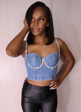 Load image into Gallery viewer, Rhinestone Denim Corset Crop Top
