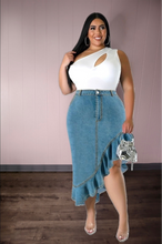 Load image into Gallery viewer, Asymmetrical Denim Midi Skirt
