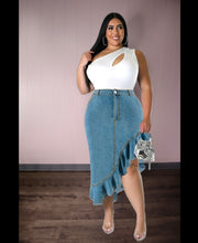 Load image into Gallery viewer, Asymmetrical Denim Midi Skirt
